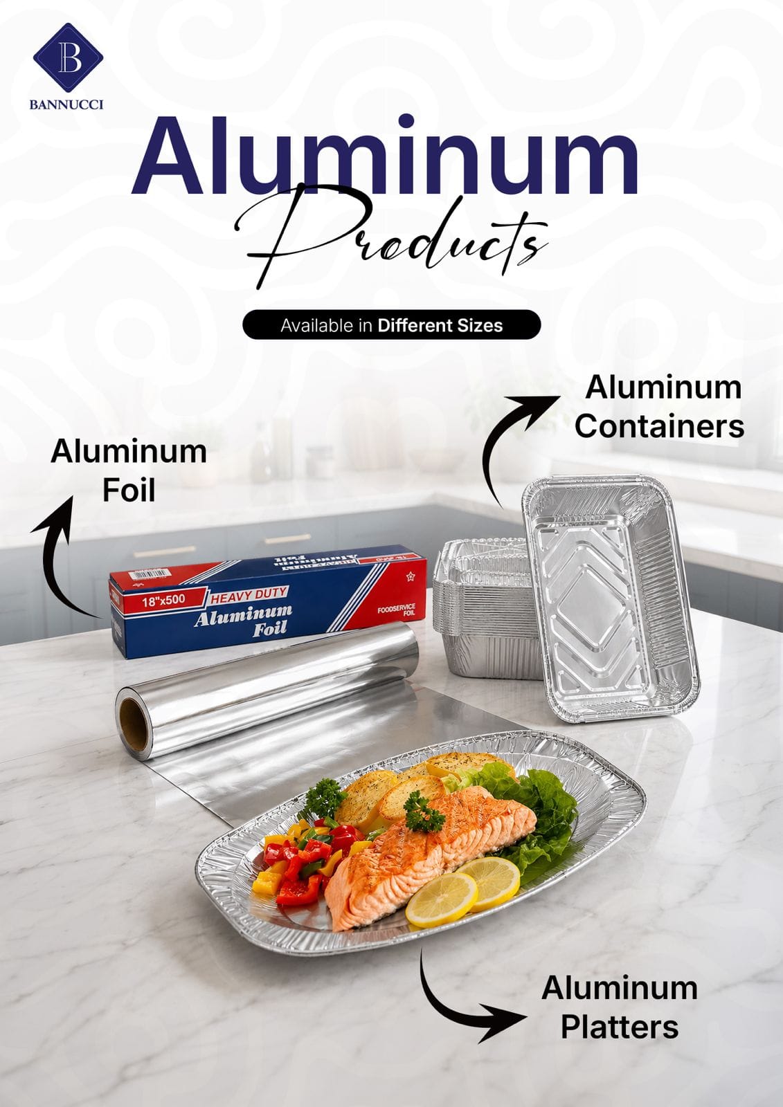 Professional kitchen with metal cookware and trays